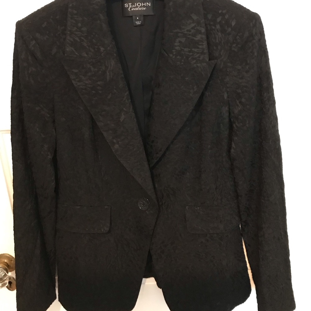 Vintage St John Couture Black Textured Jacket Sz 8 Faux Pockets Button Close